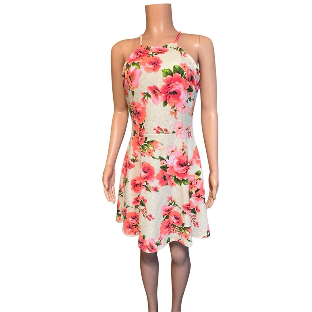 Charlotte Russe women halter neckline fit-and flare floral pink dress L - Picture 4 of 8